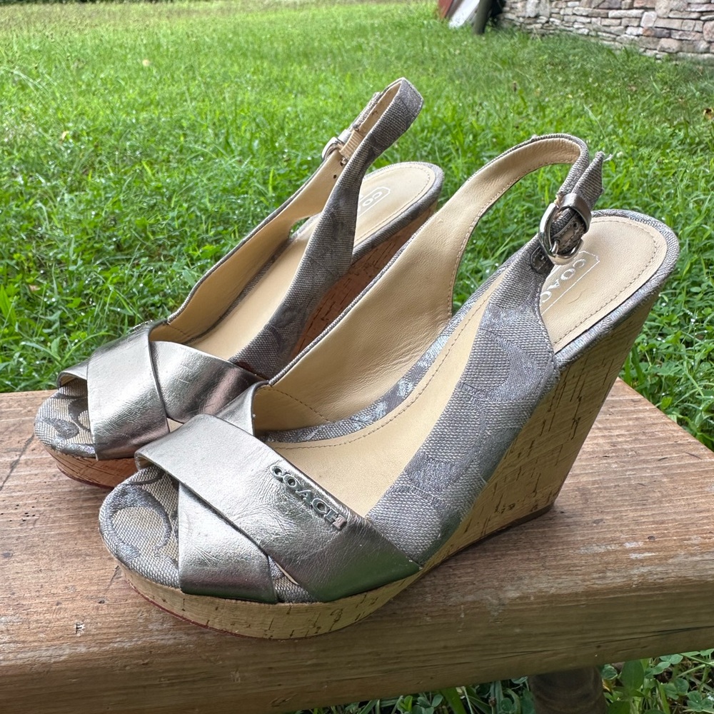 Coach “Jessy” Silver Cork Slingback Wedges